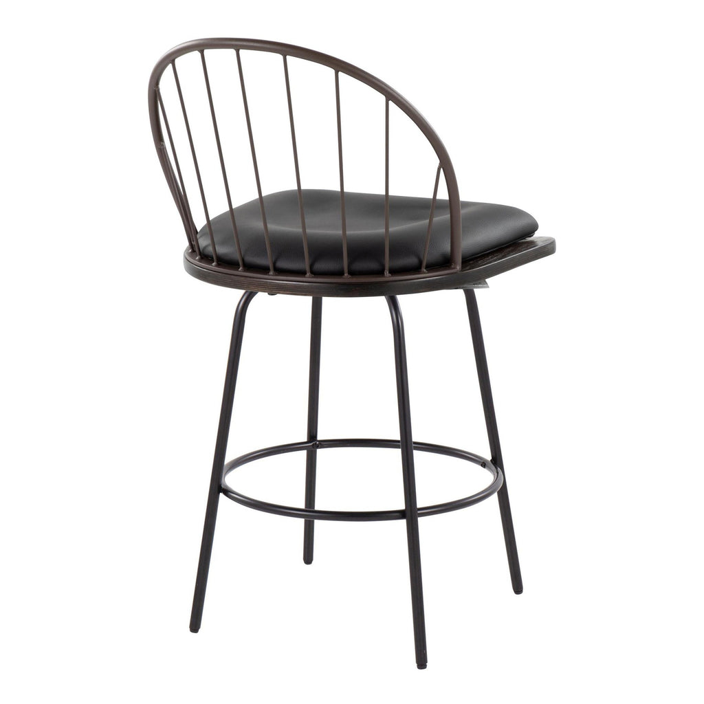 Riley Claire 26" Fixed-Height Counter Stool - Set of 2 - Black Metal, Bronze Metal, Walnut Wood, Brown PU