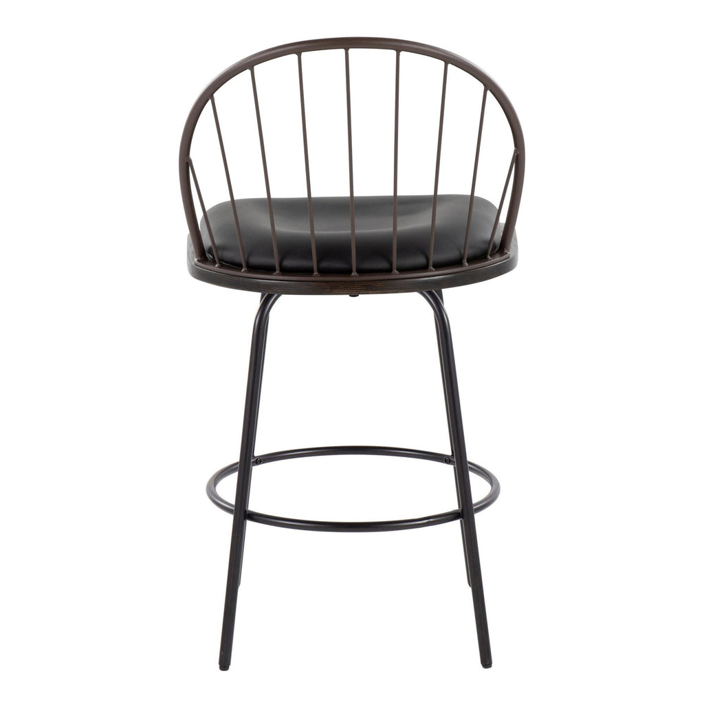 Riley Claire 26" Fixed-Height Counter Stool - Set of 2 - Black Metal, Bronze Metal, Walnut Wood, Brown PU