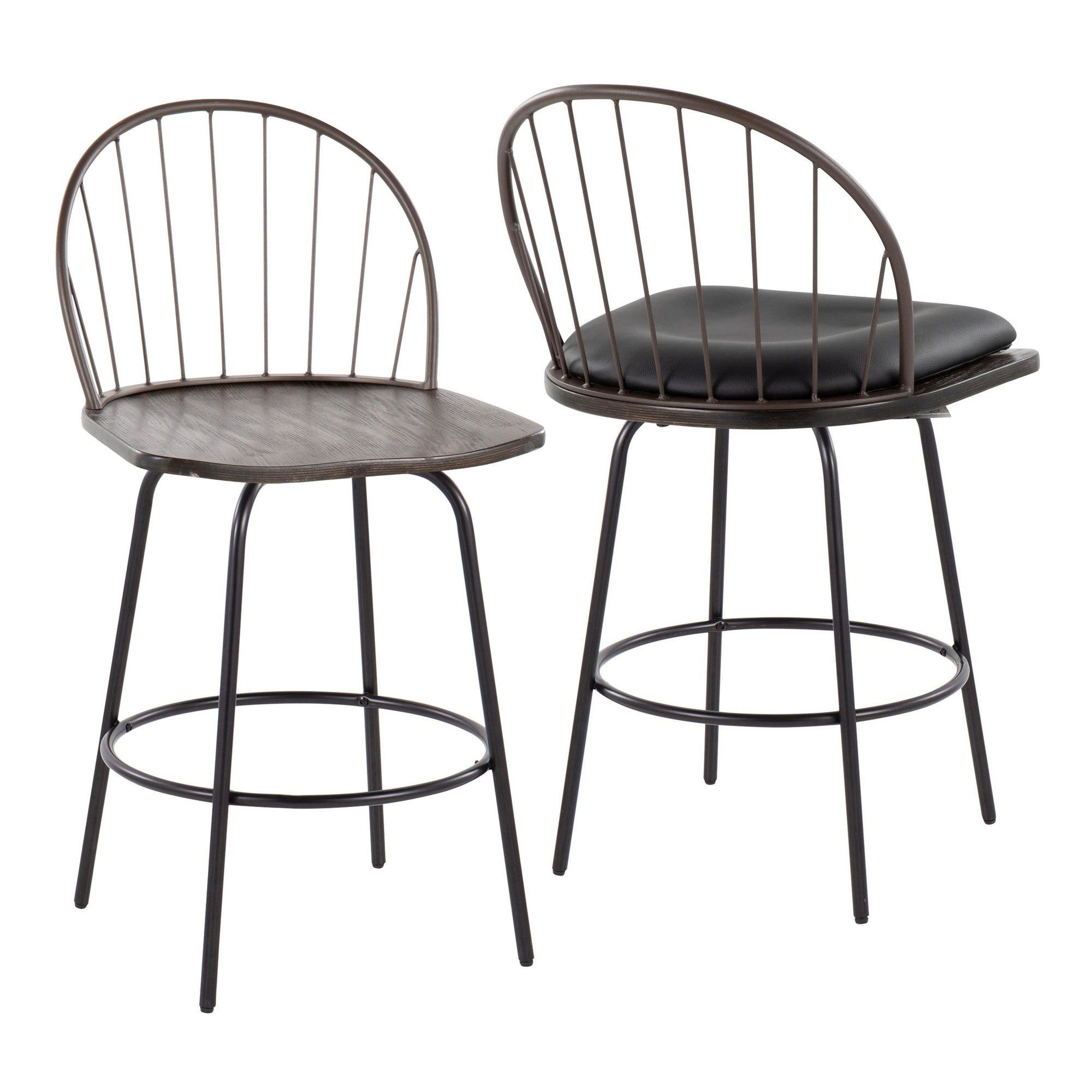 Riley Claire 26" Fixed-Height Counter Stool - Set of 2 - Black Metal, Bronze Metal, Walnut Wood, Brown PU