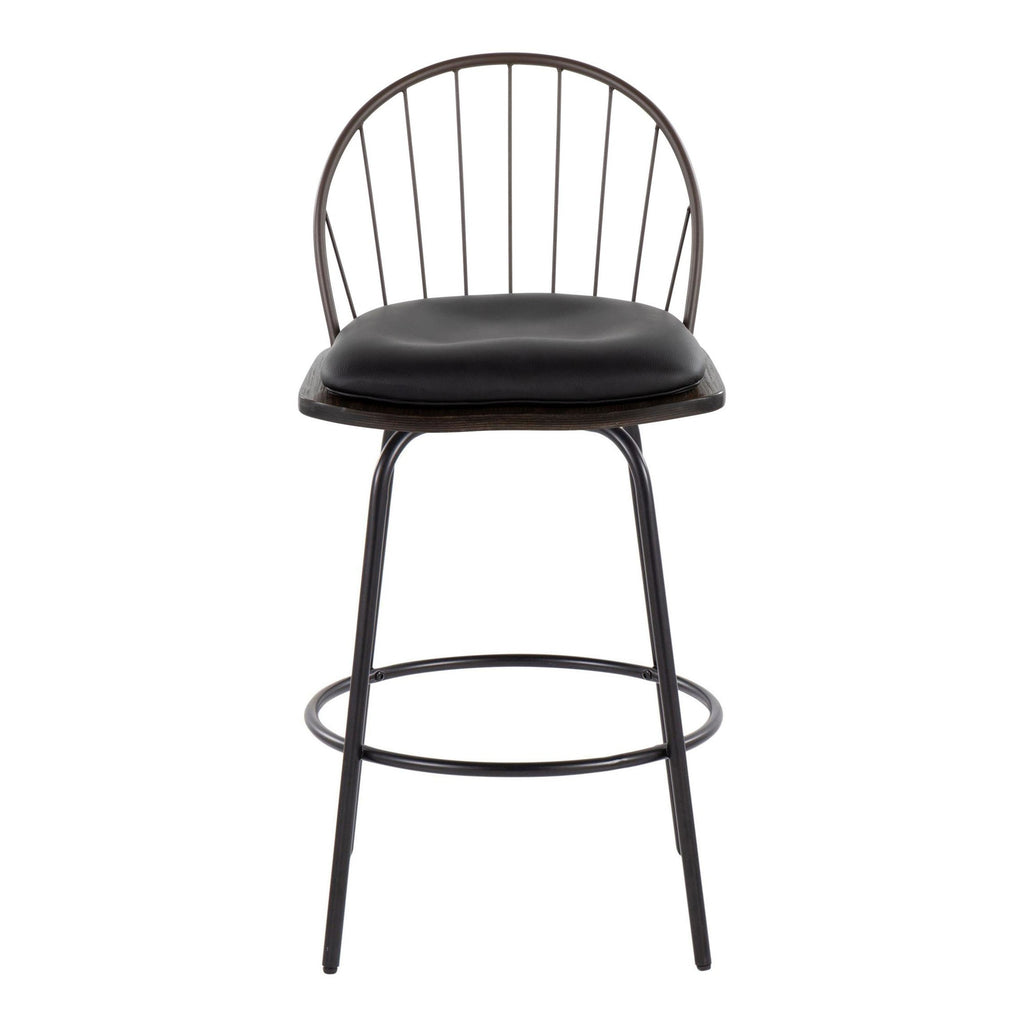 Riley Claire 26" Fixed-Height Counter Stool - Set of 2 - Black Metal, Bronze Metal, Walnut Wood, Brown PU