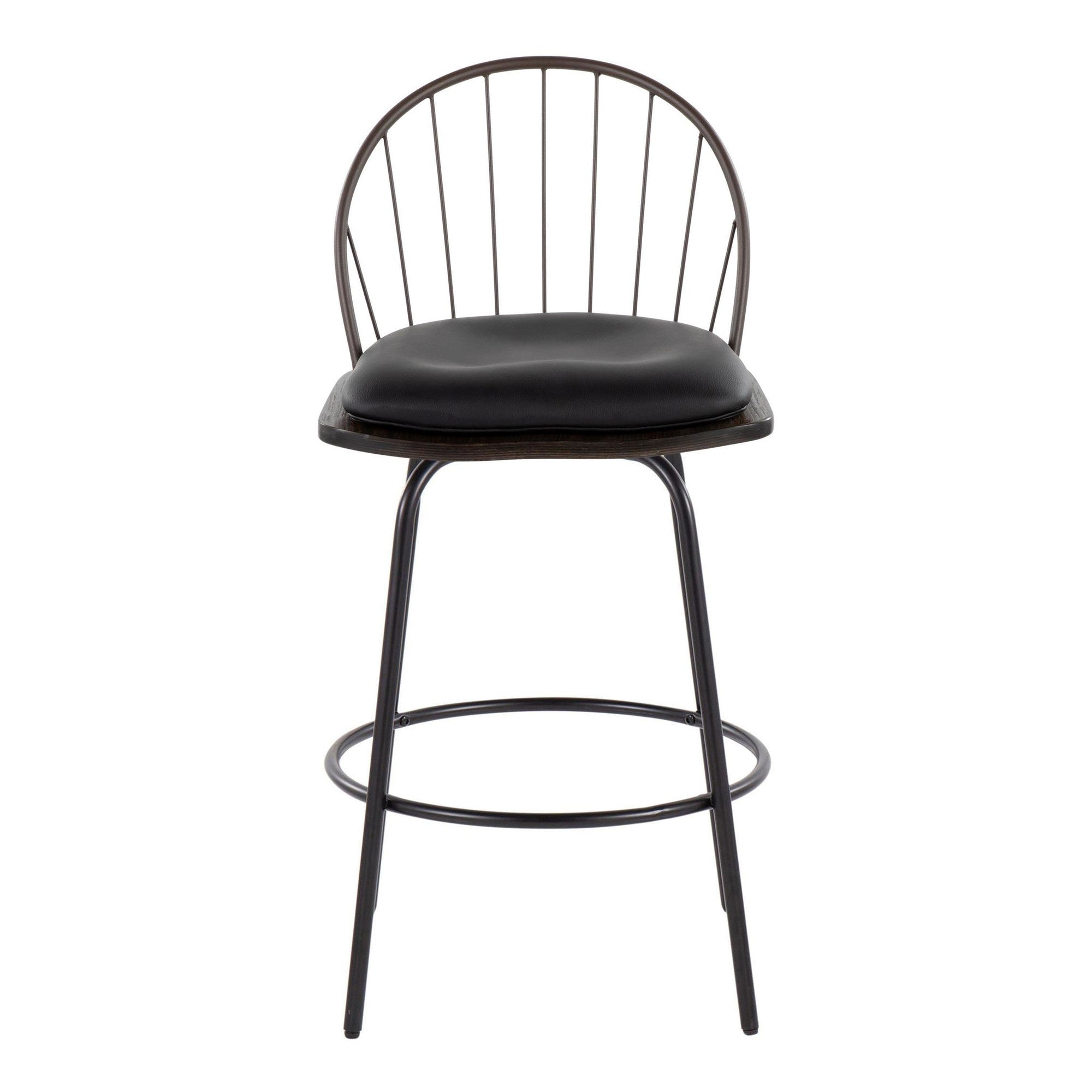 Riley Claire 26" Fixed-Height Counter Stool - Set of 2 - Black Metal, Bronze Metal, Walnut Wood, Brown PU