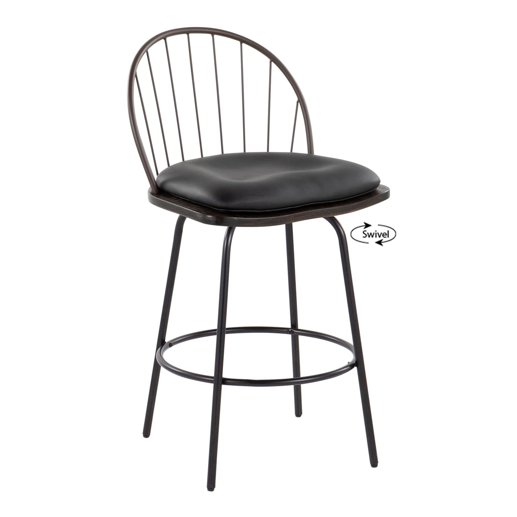 Riley Claire 26" Fixed-Height Counter Stool - Set of 2 - Black Metal, Bronze Metal, Walnut Wood, Brown PU