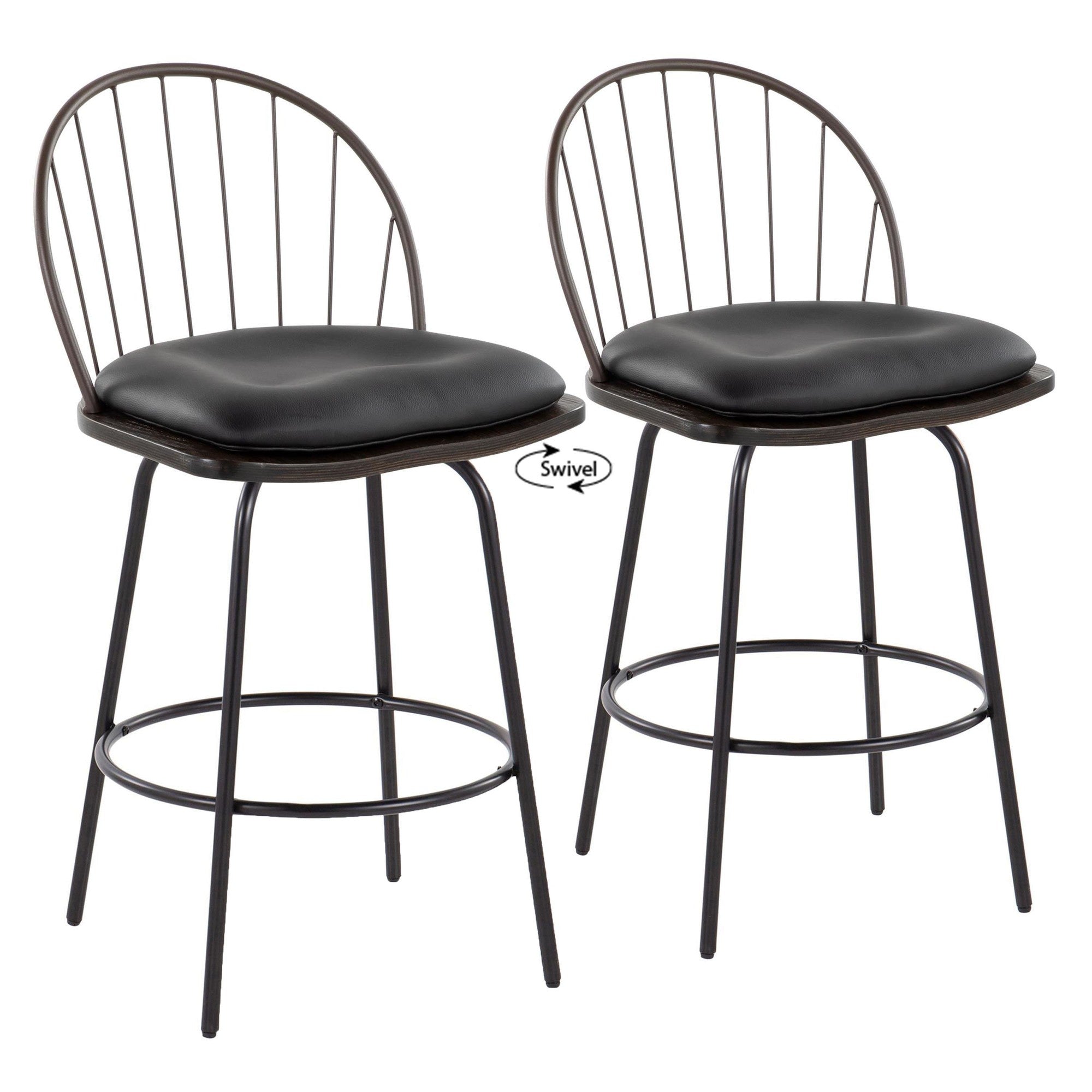 Riley Claire 26" Fixed-Height Counter Stool - Set of 2 - Black Metal, Bronze Metal, Walnut Wood, Brown PU