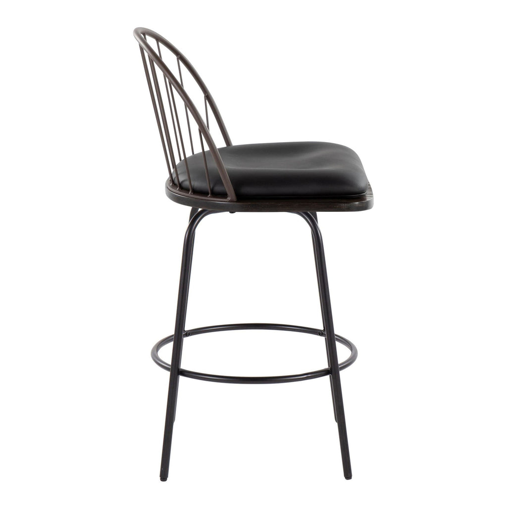 Riley Claire 26" Fixed-Height Counter Stool - Set of 2 - Black Metal, Bronze Metal, Walnut Wood, Brown PU