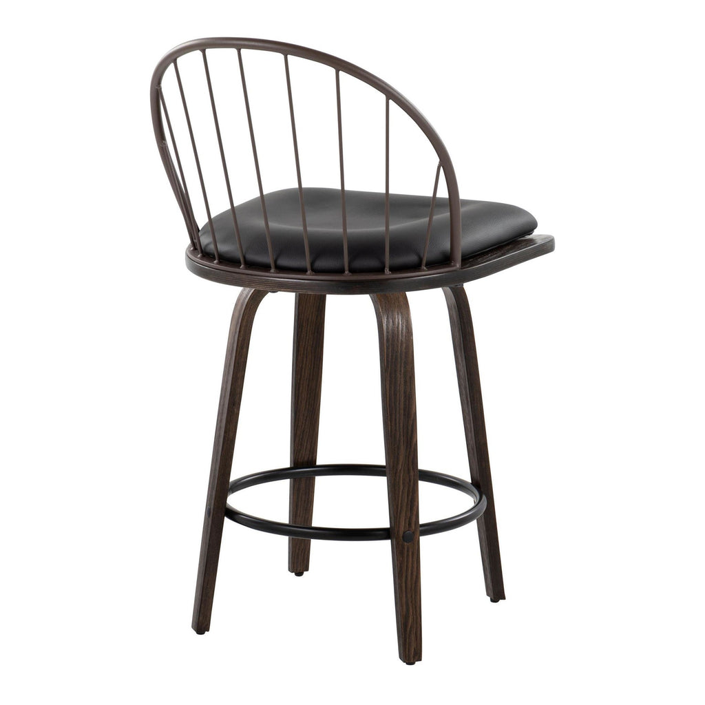 Riley 26" Fixed-Height Counter Stool - Set of 2 - Walnut Glazed Wood, Bronze Metal, Dark Walnut Wood, Brown PU, Black Metal