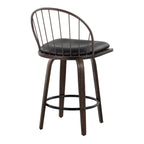 Riley 26" Fixed-Height Counter Stool - Set of 2 - Walnut Glazed Wood, Bronze Metal, Dark Walnut Wood, Brown PU, Black Metal