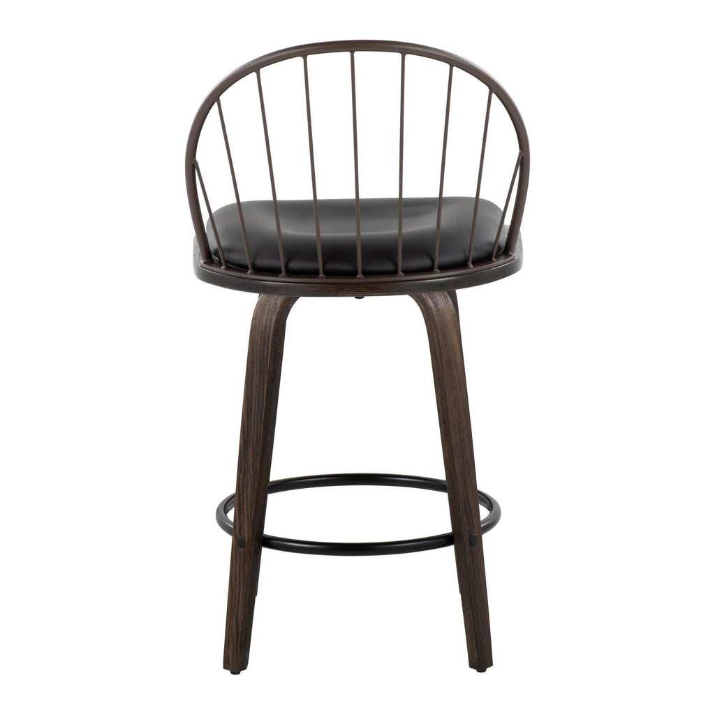 Riley 26" Fixed-Height Counter Stool - Set of 2 - Walnut Glazed Wood, Bronze Metal, Dark Walnut Wood, Brown PU, Black Metal