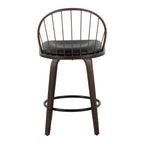 Riley 26" Fixed-Height Counter Stool - Set of 2 - Walnut Glazed Wood, Bronze Metal, Dark Walnut Wood, Brown PU, Black Metal