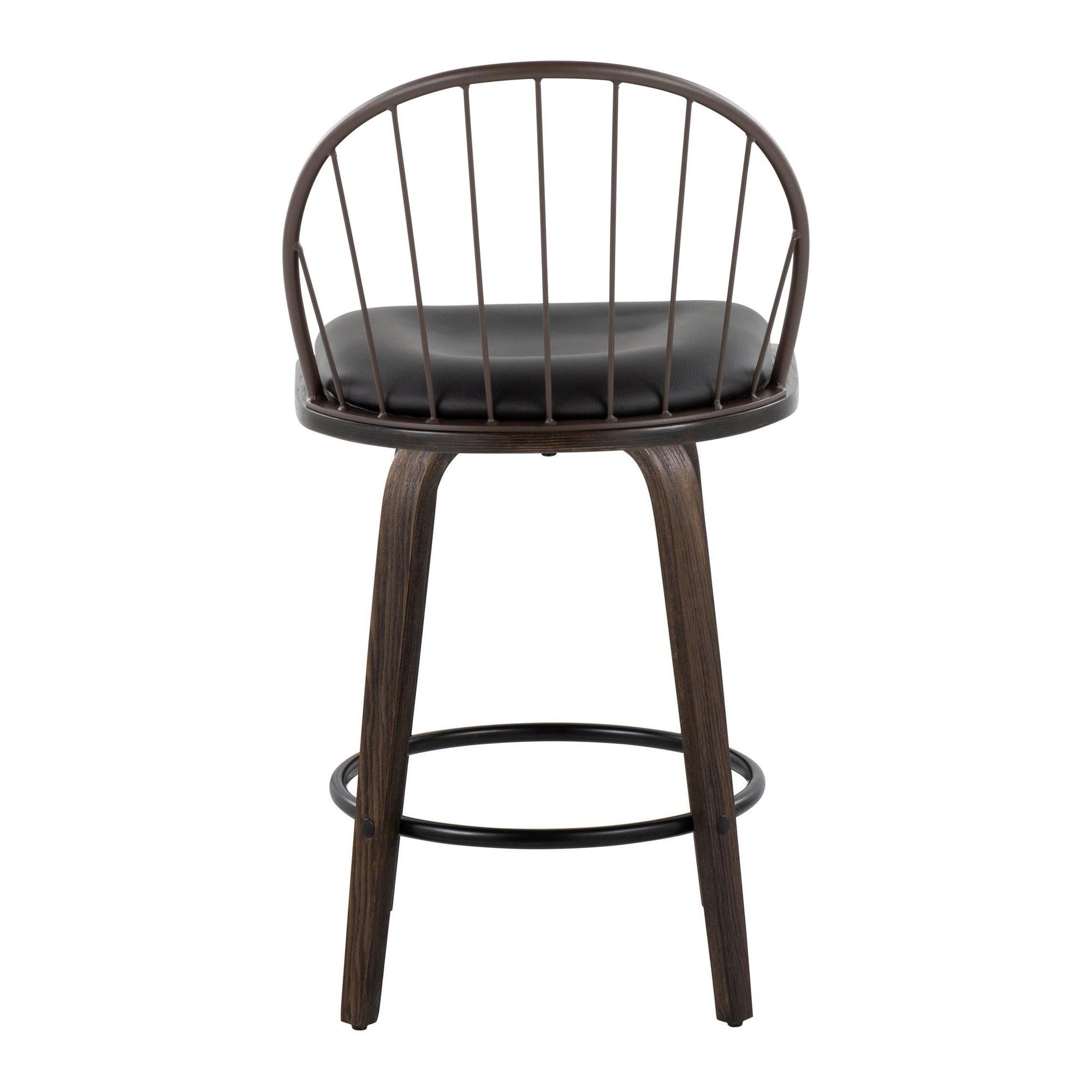 Riley 26" Fixed-Height Counter Stool - Set of 2 - Walnut Glazed Wood, Bronze Metal, Dark Walnut Wood, Brown PU, Black Metal