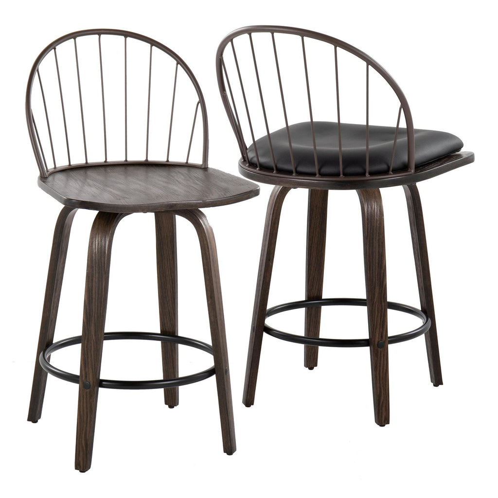 Riley 26" Fixed-Height Counter Stool - Set of 2 - Walnut Glazed Wood, Bronze Metal, Dark Walnut Wood, Brown PU, Black Metal