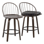 Riley 26" Fixed-Height Counter Stool - Set of 2 - Walnut Glazed Wood, Bronze Metal, Dark Walnut Wood, Brown PU, Black Metal