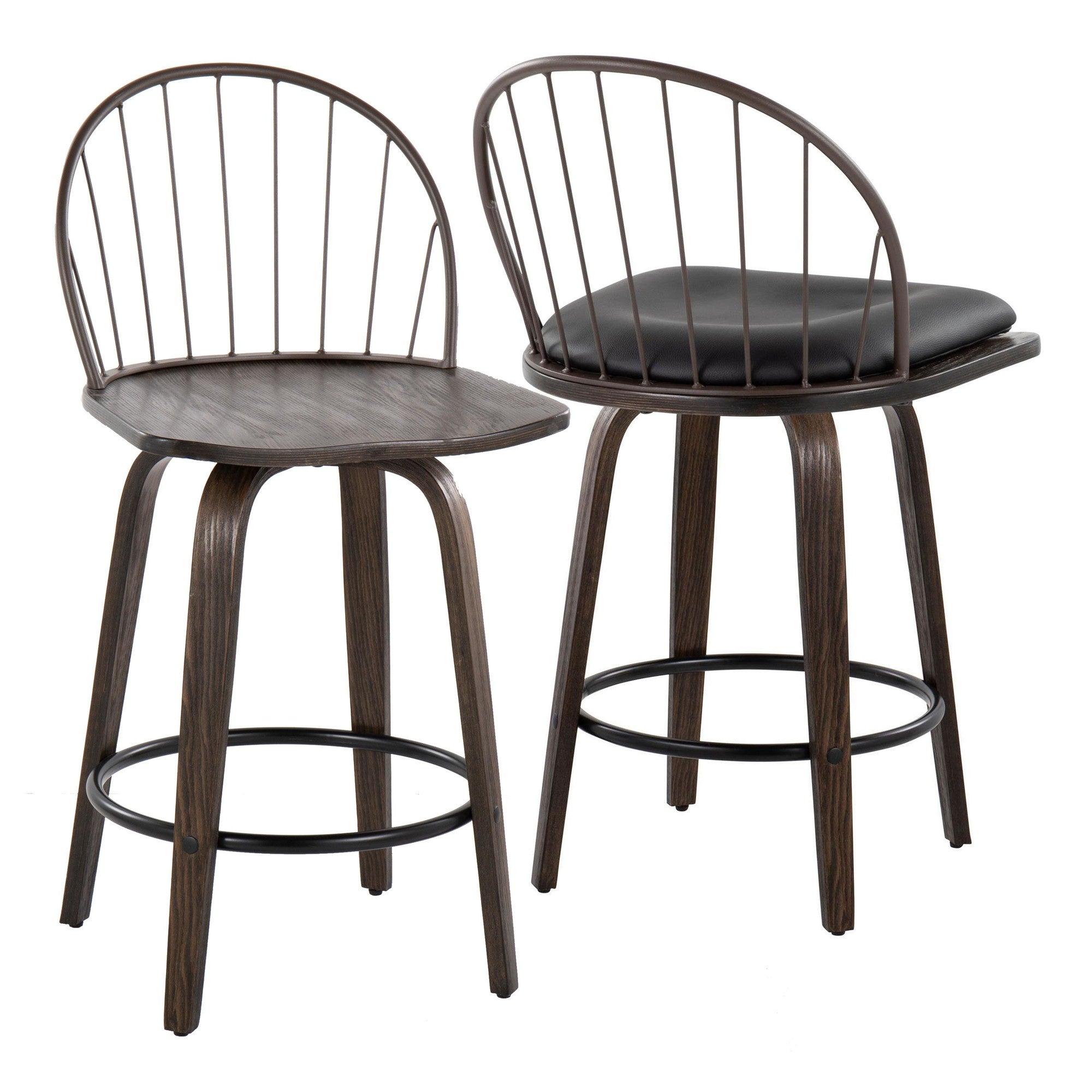 Riley 26" Fixed-Height Counter Stool - Set of 2 - Walnut Glazed Wood, Bronze Metal, Dark Walnut Wood, Brown PU, Black Metal