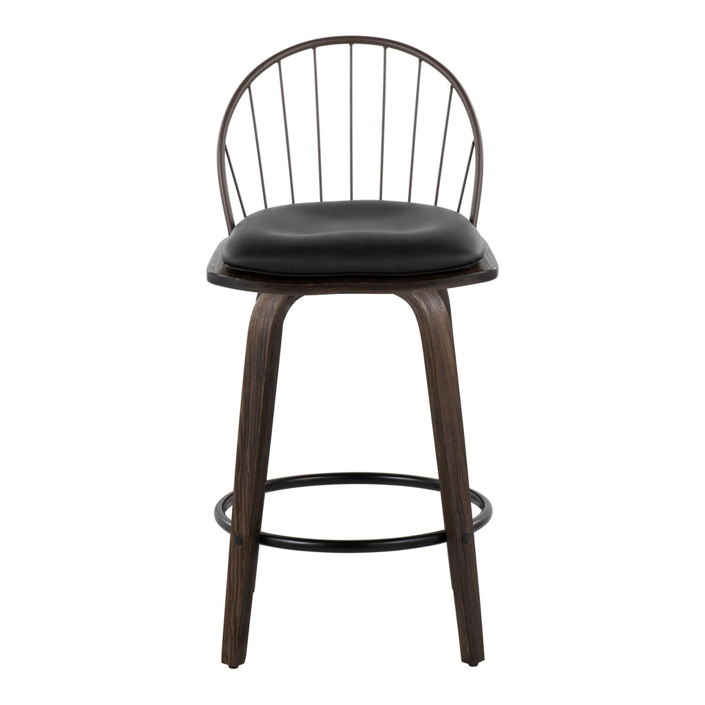 Riley 26" Fixed-Height Counter Stool - Set of 2 - Walnut Glazed Wood, Bronze Metal, Dark Walnut Wood, Brown PU, Black Metal
