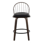 Riley 26" Fixed-Height Counter Stool - Set of 2 - Walnut Glazed Wood, Bronze Metal, Dark Walnut Wood, Brown PU, Black Metal