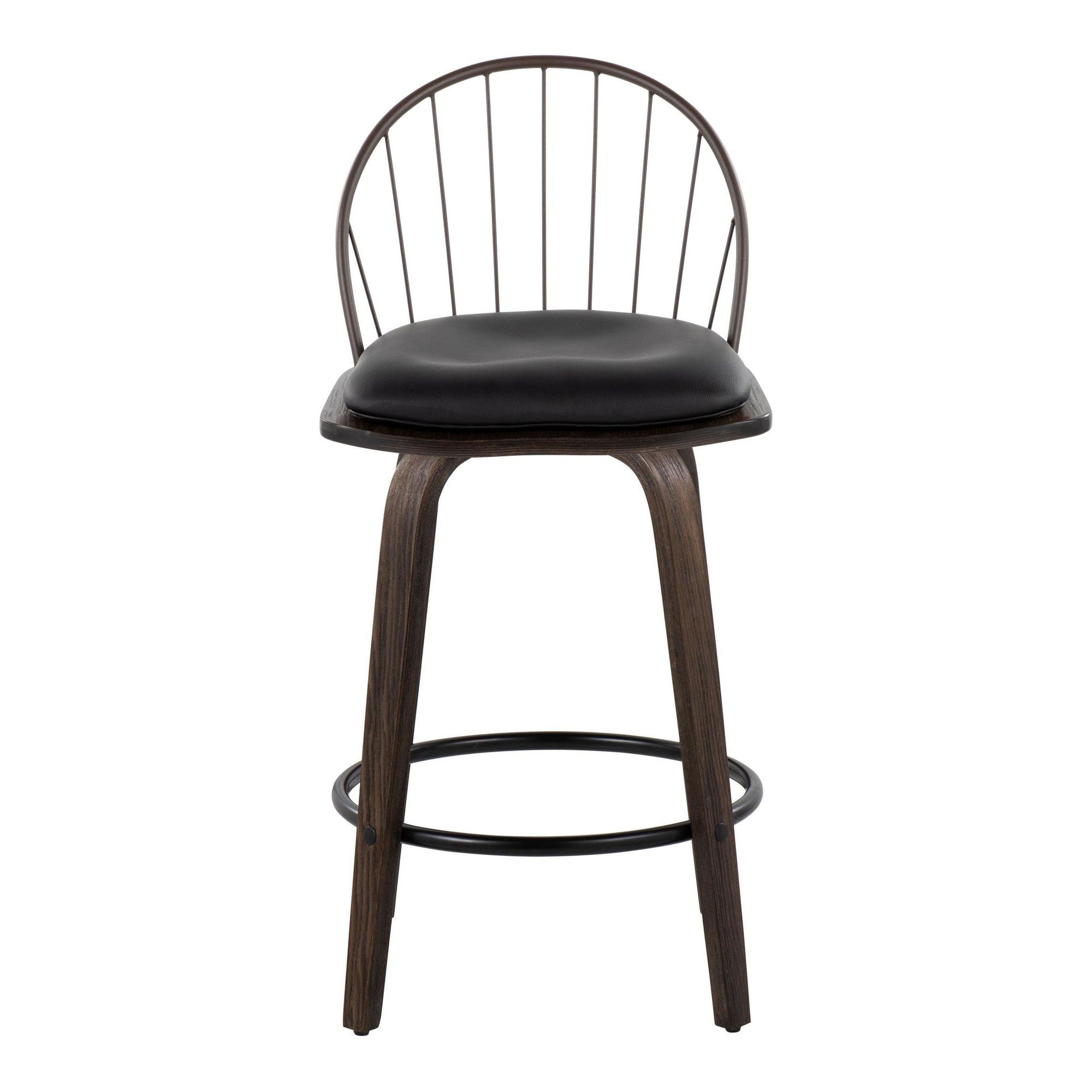 Riley 26" Fixed-Height Counter Stool - Set of 2 - Walnut Glazed Wood, Bronze Metal, Dark Walnut Wood, Brown PU, Black Metal