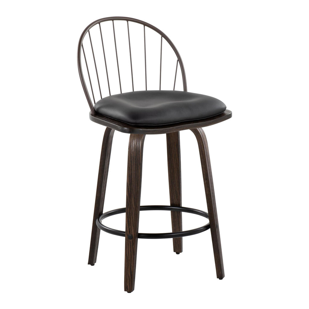 Riley 26" Fixed-Height Counter Stool - Set of 2 - Walnut Glazed Wood, Bronze Metal, Dark Walnut Wood, Brown PU, Black Metal