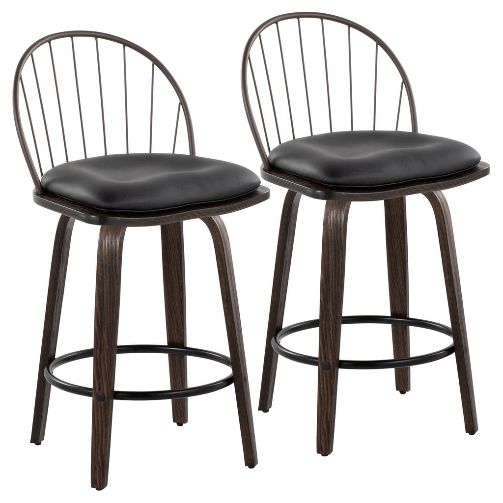 Riley 26" Fixed-Height Counter Stool - Set of 2 - Walnut Glazed Wood, Bronze Metal, Dark Walnut Wood, Brown PU, Black Metal