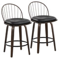 Riley 26" Fixed-Height Counter Stool - Set of 2 - Walnut Glazed Wood, Bronze Metal, Dark Walnut Wood, Brown PU, Black Metal