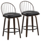 Riley 26" Fixed-Height Counter Stool - Set of 2 - Walnut Glazed Wood, Bronze Metal, Dark Walnut Wood, Brown PU, Black Metal