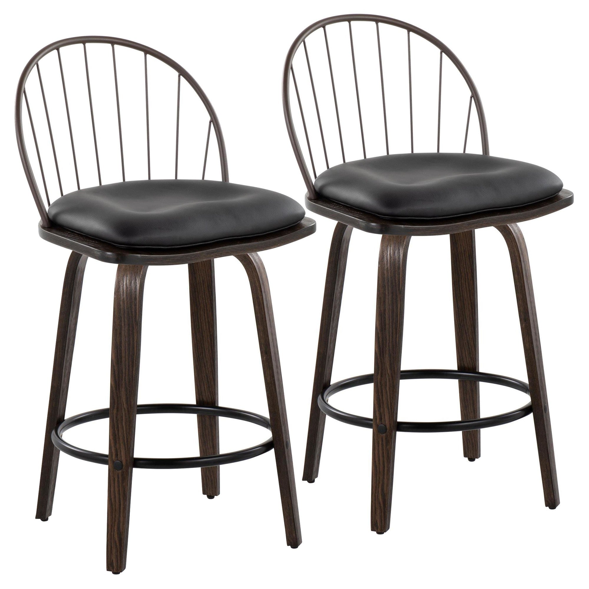 Riley 26" Fixed-Height Counter Stool - Set of 2 - Walnut Glazed Wood, Bronze Metal, Dark Walnut Wood, Brown PU, Black Metal