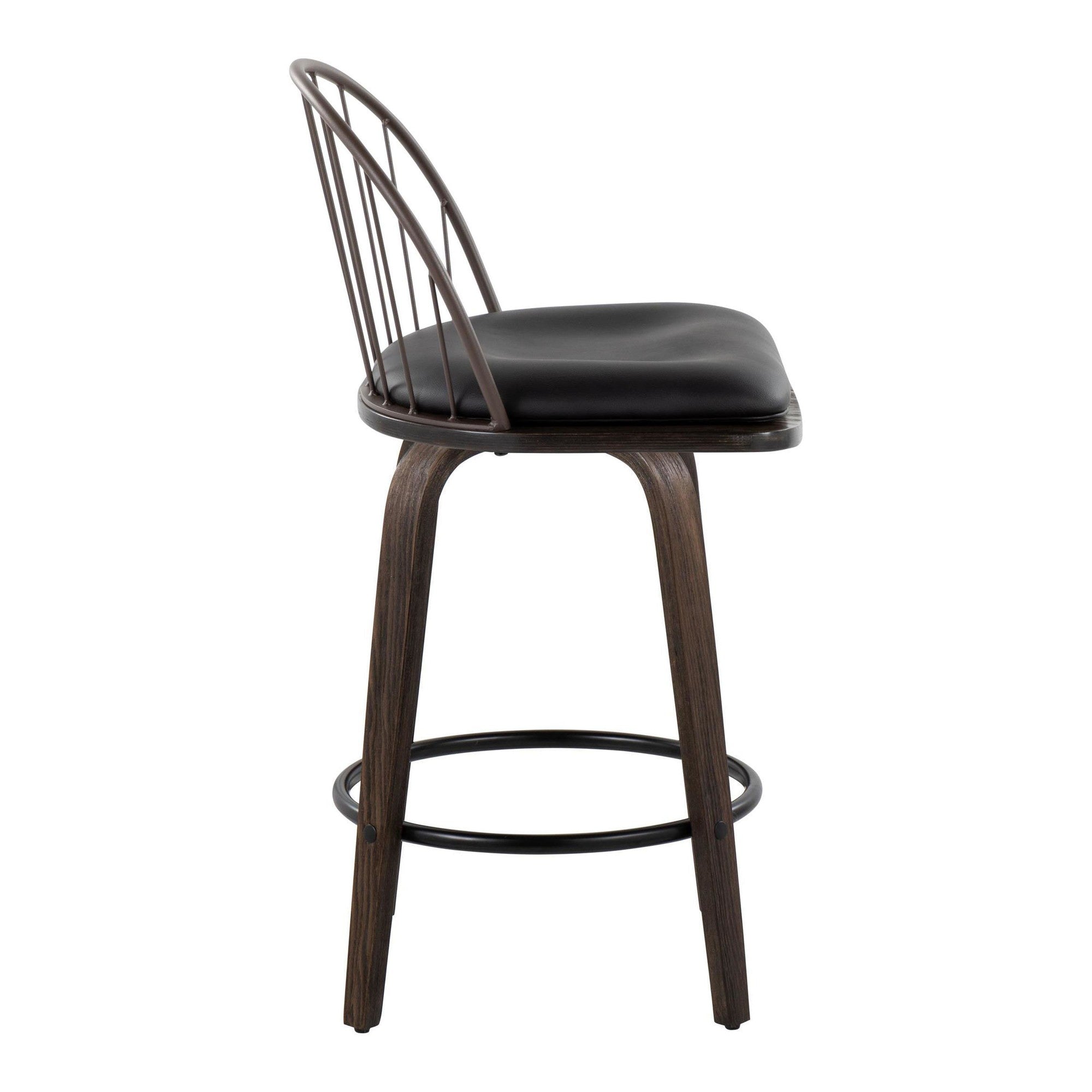 Riley 26" Fixed-Height Counter Stool - Set of 2 - Walnut Glazed Wood, Bronze Metal, Dark Walnut Wood, Brown PU, Black Metal