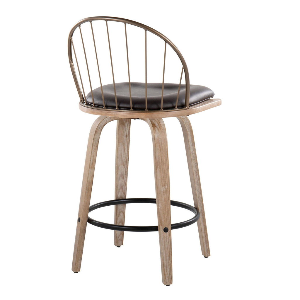 Riley 26" Fixed-Height Counter Stool - Set of 2 - Whitewashed Wood, Black Metal, Antique Copper Metal, Brown PU