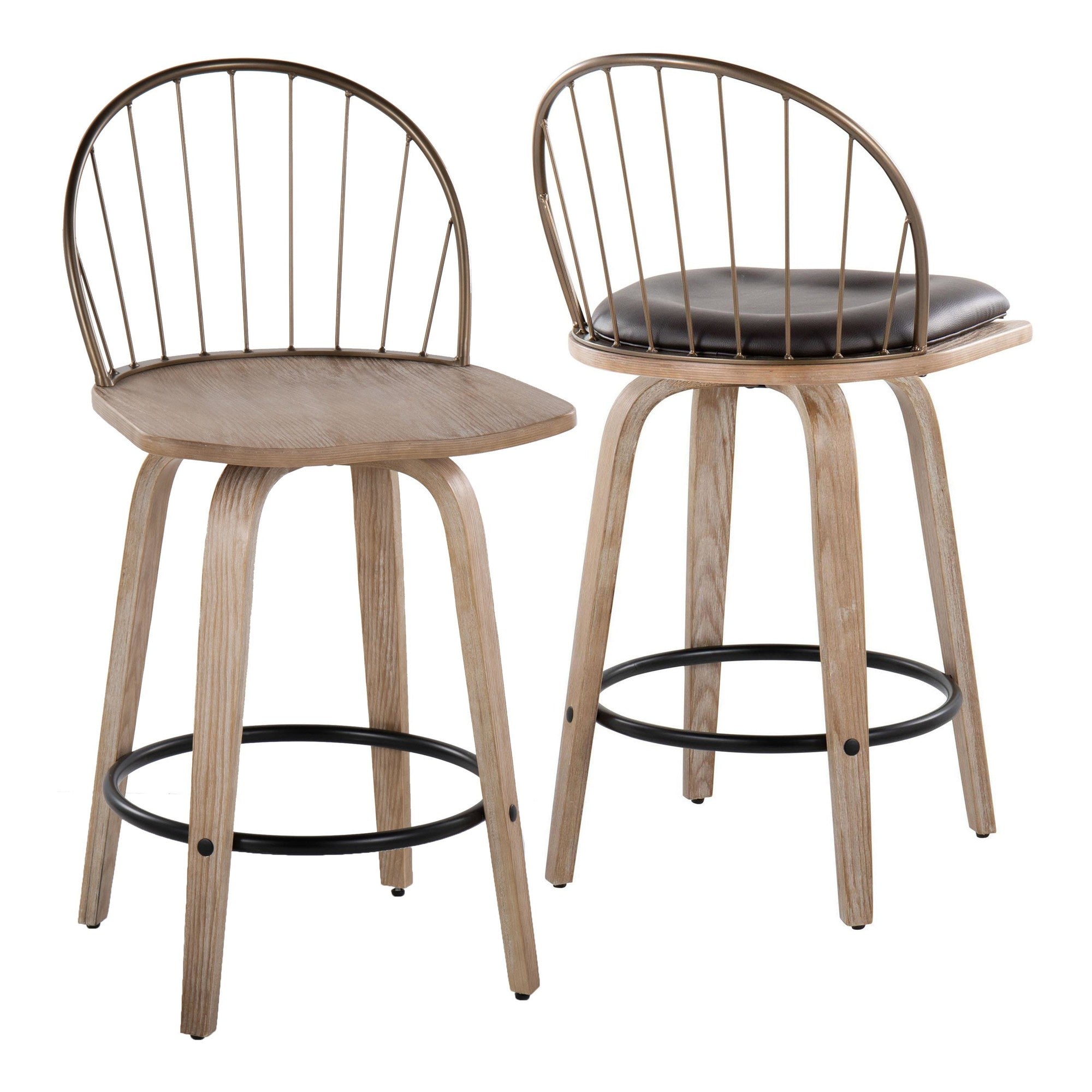 Riley 26" Fixed-Height Counter Stool - Set of 2 - Whitewashed Wood, Black Metal, Antique Copper Metal, Brown PU