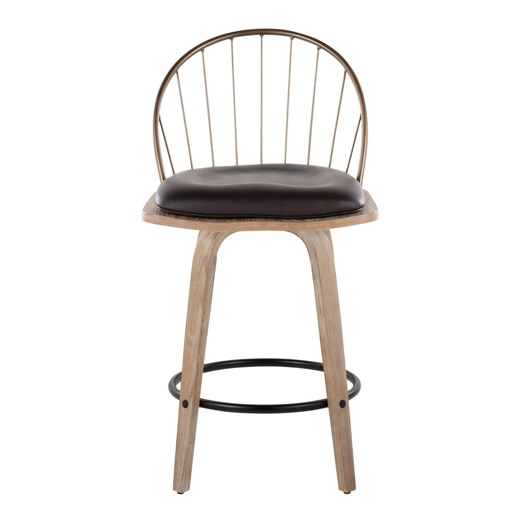 Riley 26" Fixed-Height Counter Stool - Set of 2 - Whitewashed Wood, Black Metal, Antique Copper Metal, Brown PU