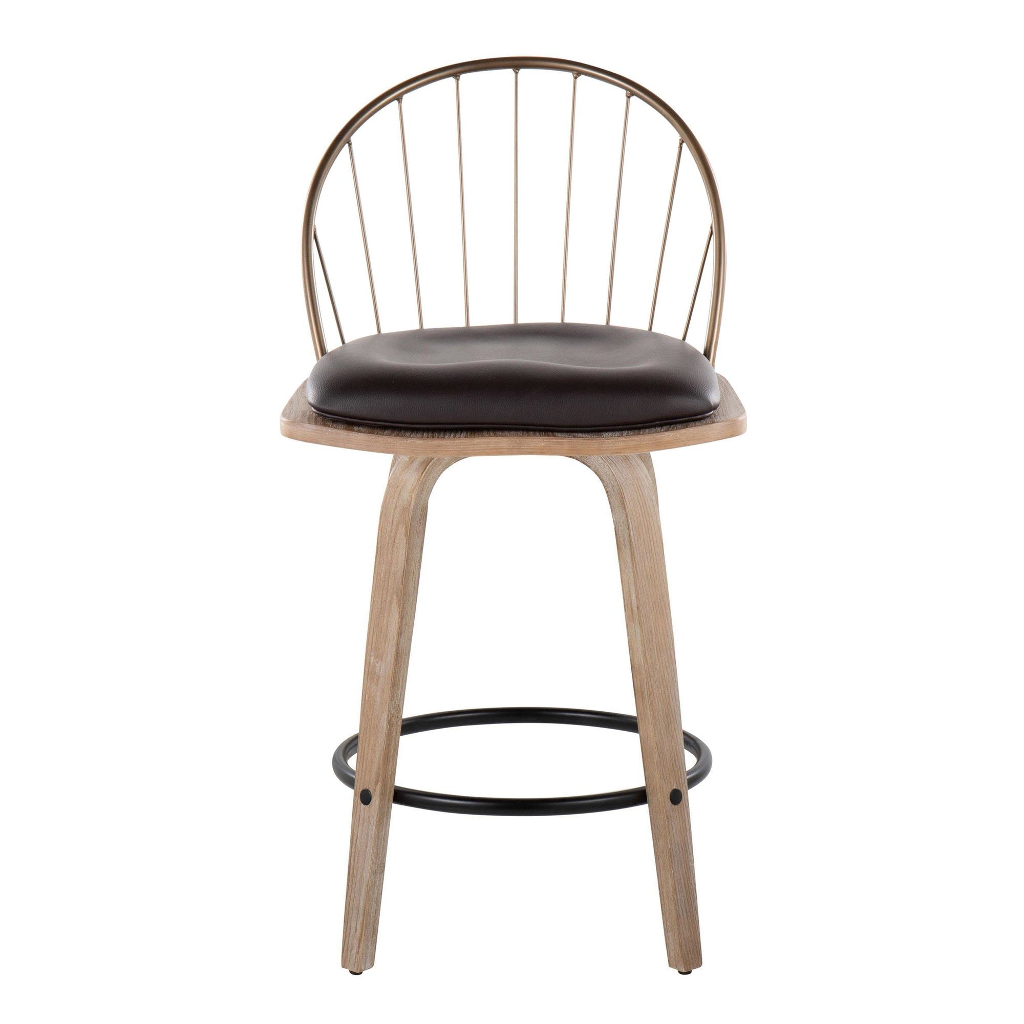 Riley 26" Fixed-Height Counter Stool - Set of 2 - Whitewashed Wood, Black Metal, Antique Copper Metal, Brown PU