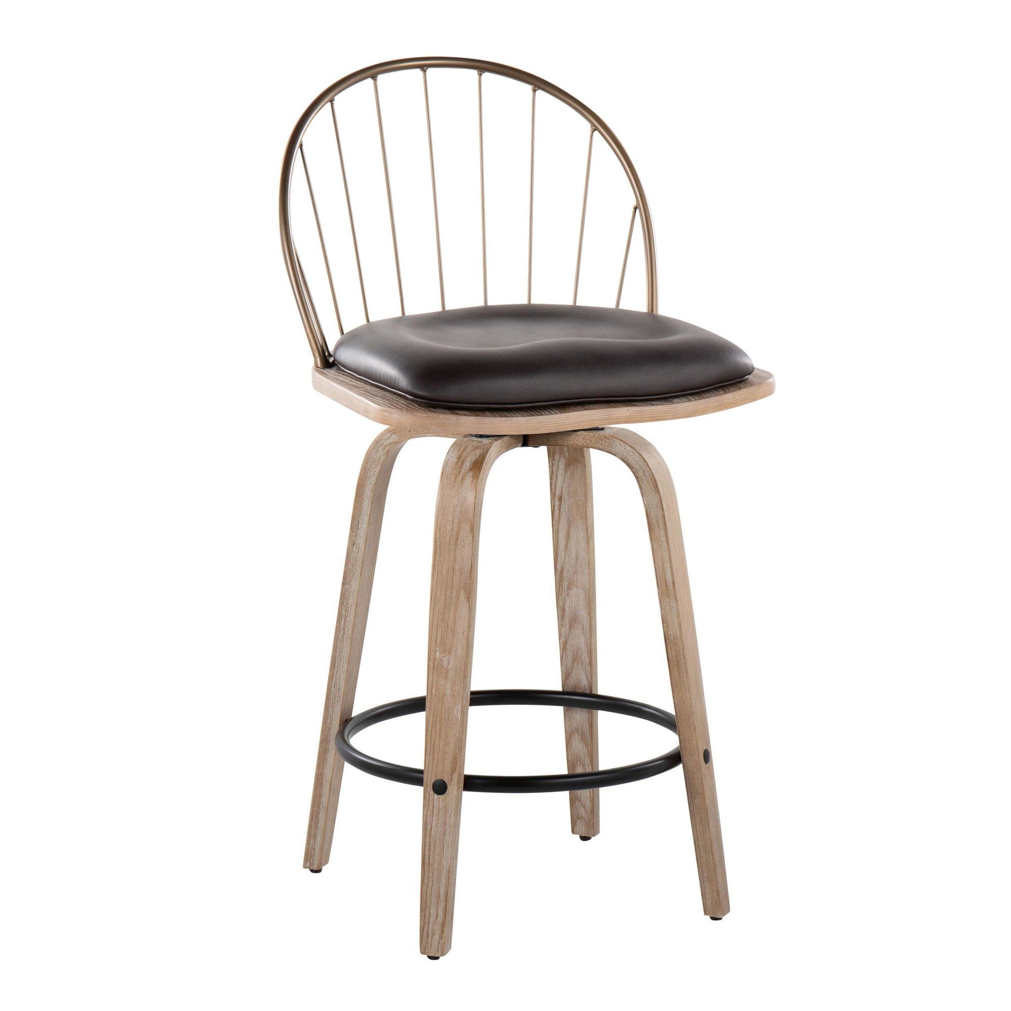 Riley 26" Fixed-Height Counter Stool - Set of 2 - Whitewashed Wood, Black Metal, Antique Copper Metal, Brown PU