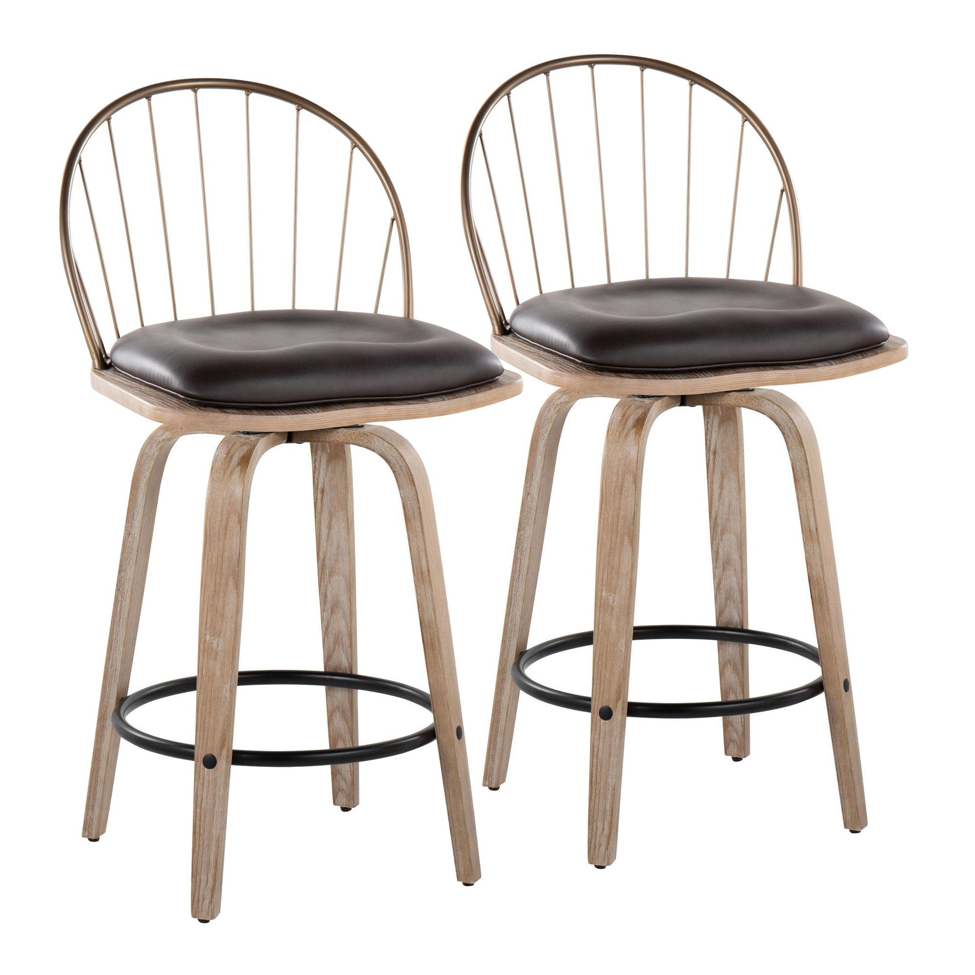 Riley 26" Fixed-Height Counter Stool - Set of 2 - Whitewashed Wood, Black Metal, Antique Copper Metal, Brown PU