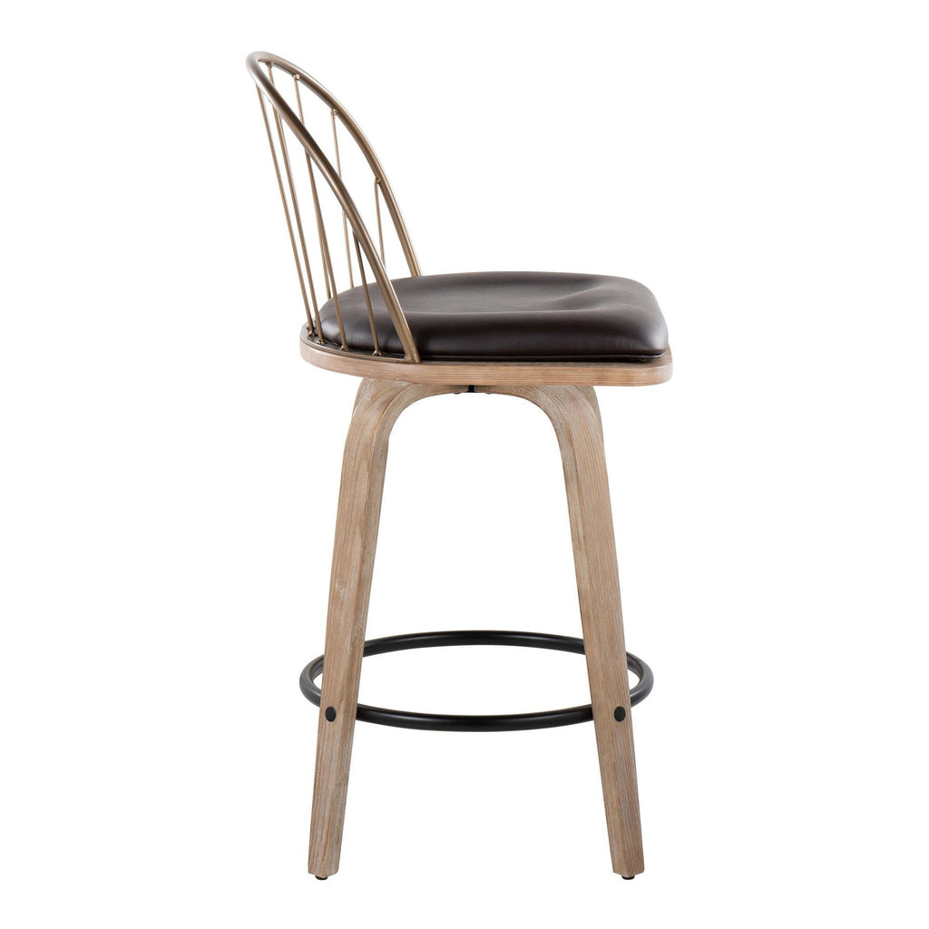 Riley 26" Fixed-Height Counter Stool - Set of 2 - Whitewashed Wood, Black Metal, Antique Copper Metal, Brown PU