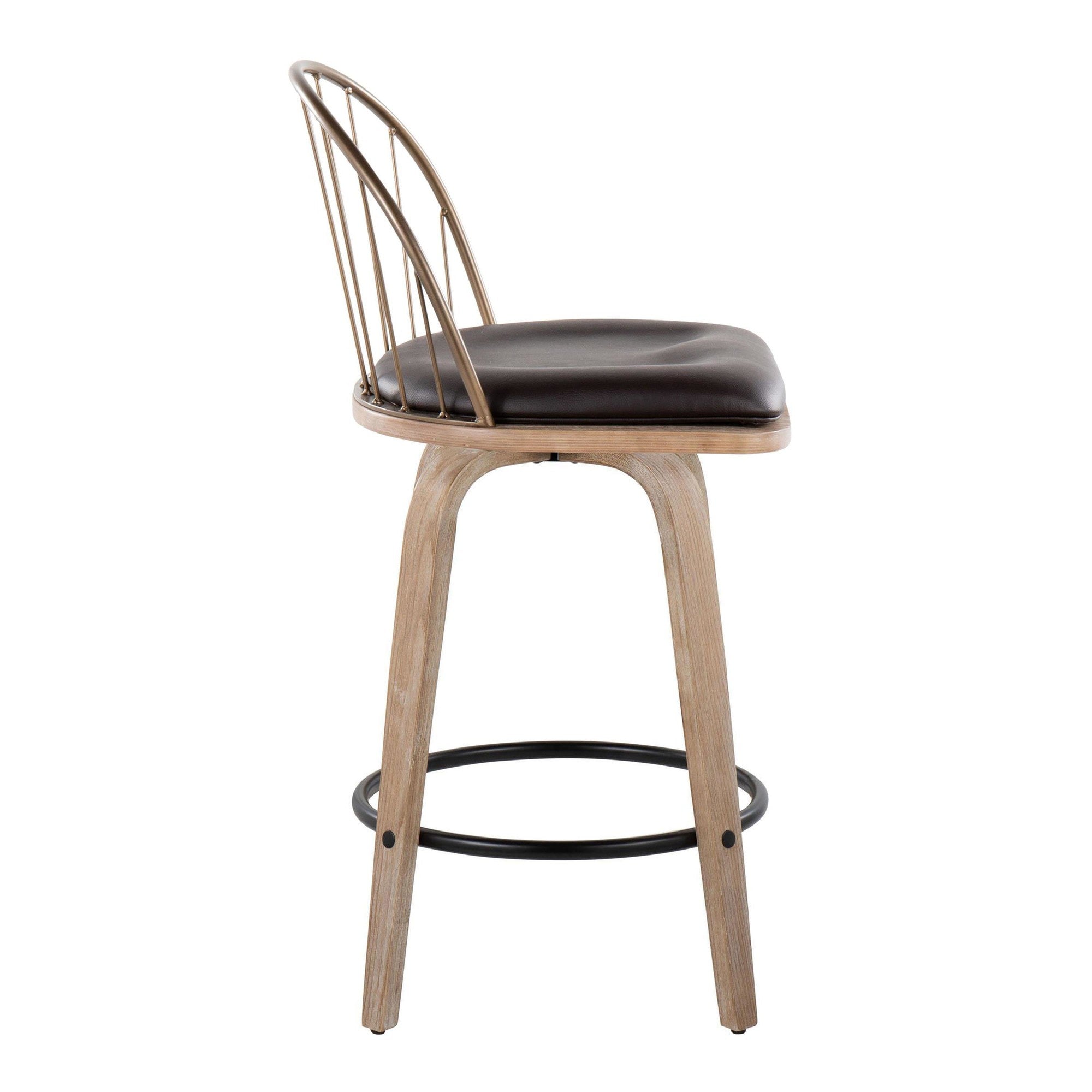 Riley 26" Fixed-Height Counter Stool - Set of 2 - Whitewashed Wood, Black Metal, Antique Copper Metal, Brown PU