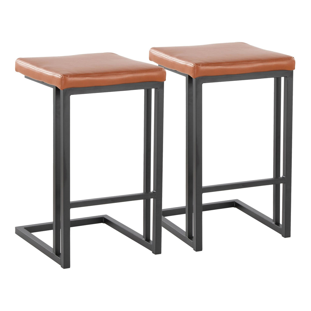 Roman 26" Fixed-Height Counter Stool - Set of 2 - Black Metal, Camel PU