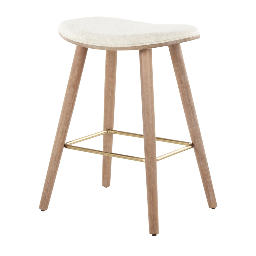 Saddle 26" Fixed-Height Counter Stool - Set of 2 - Whitewashed Wood, Gold Metal, Cream Fabric