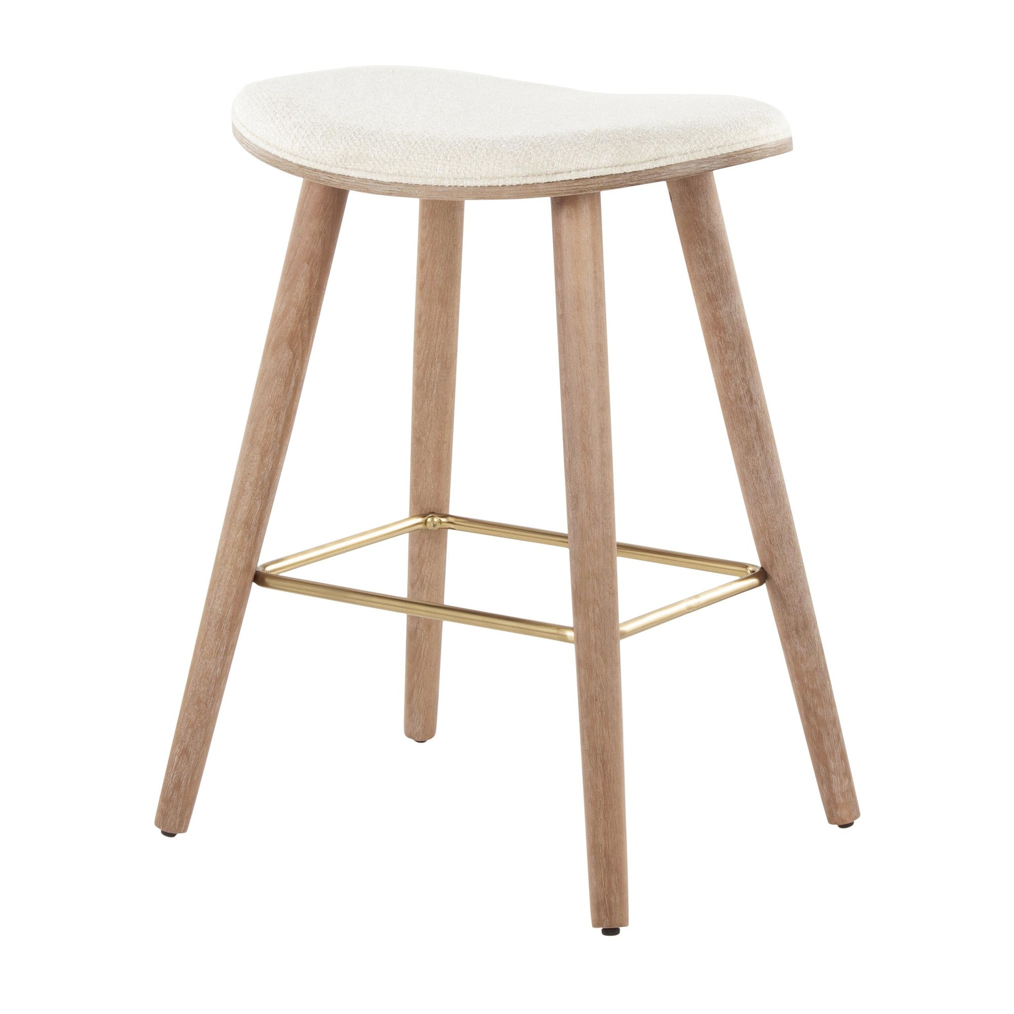 Saddle 26" Fixed-Height Counter Stool - Set of 2 - Whitewashed Wood, Gold Metal, Cream Fabric