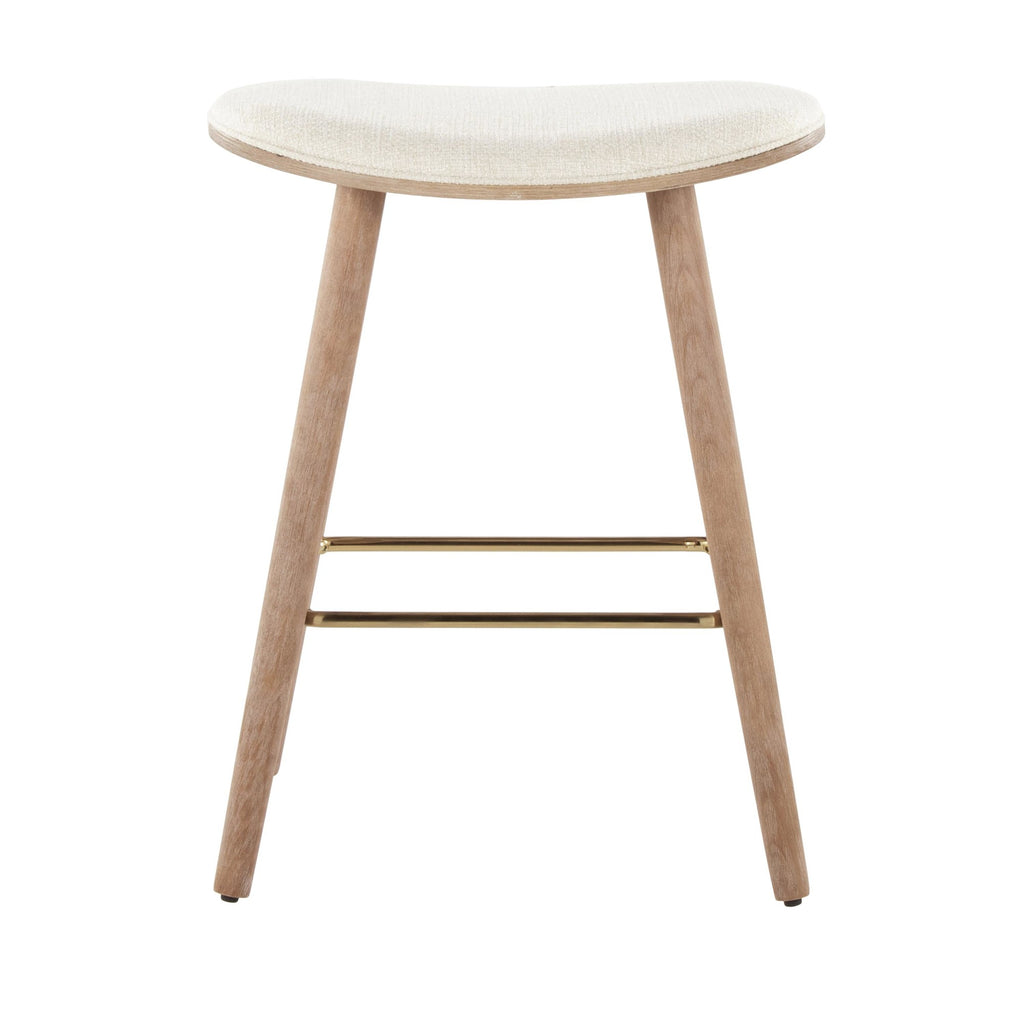 Saddle 26" Fixed-Height Counter Stool - Set of 2 - Whitewashed Wood, Gold Metal, Cream Fabric
