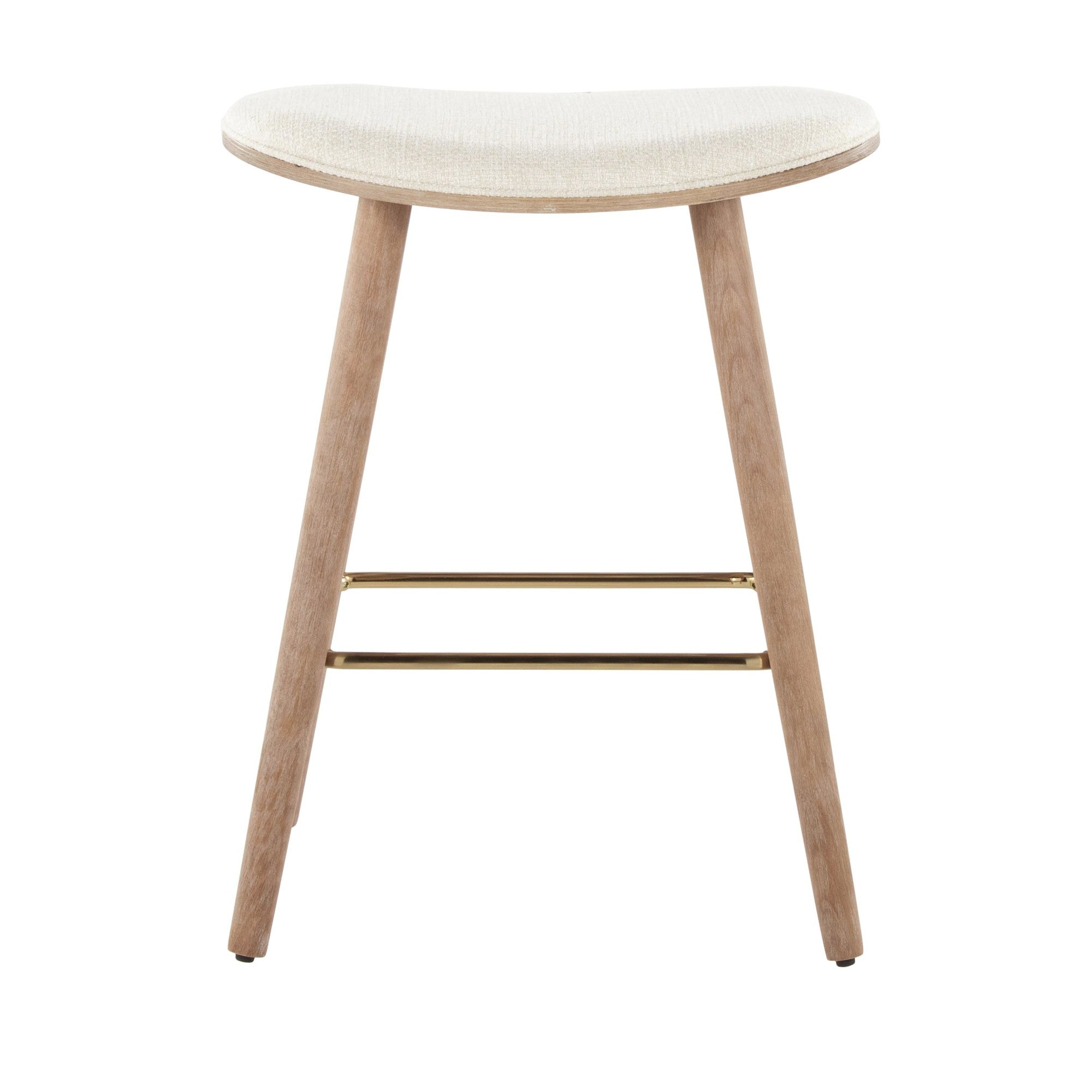 Saddle 26" Fixed-Height Counter Stool - Set of 2 - Whitewashed Wood, Gold Metal, Cream Fabric
