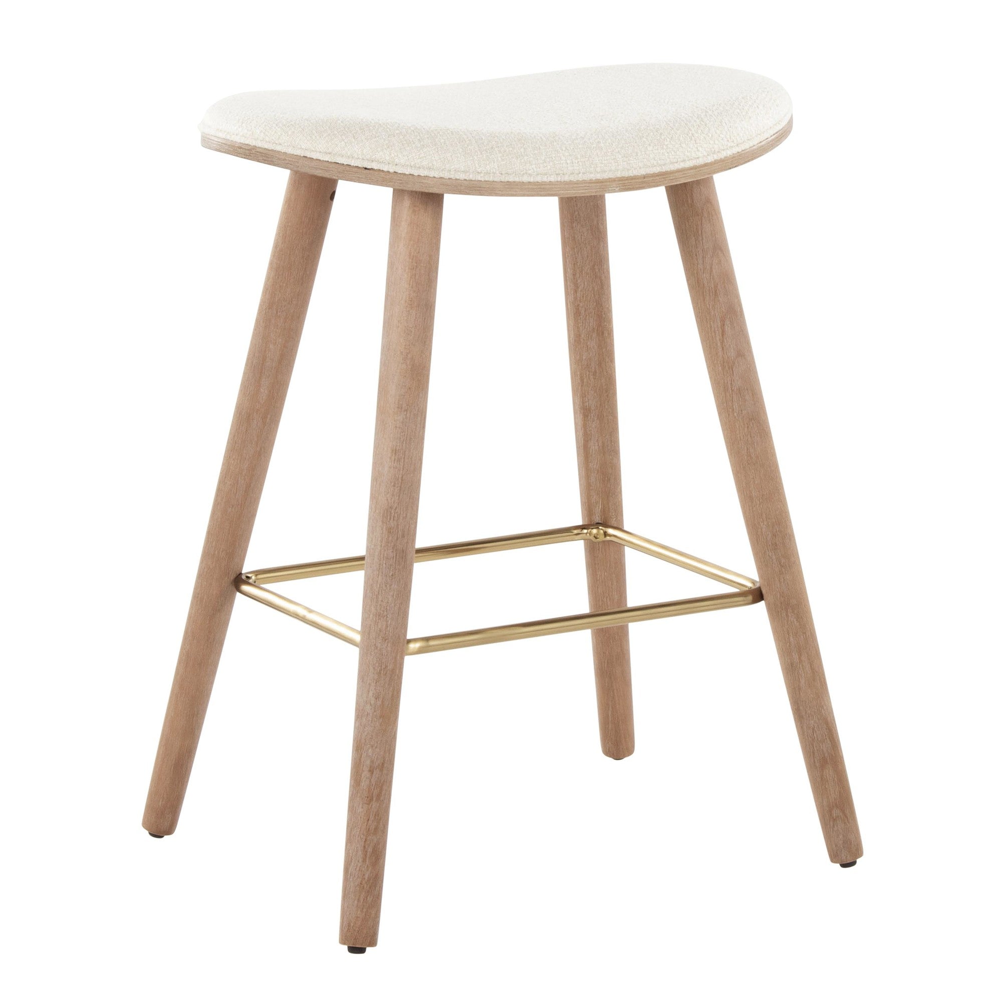 Saddle 26" Fixed-Height Counter Stool - Set of 2 - Whitewashed Wood, Gold Metal, Cream Fabric