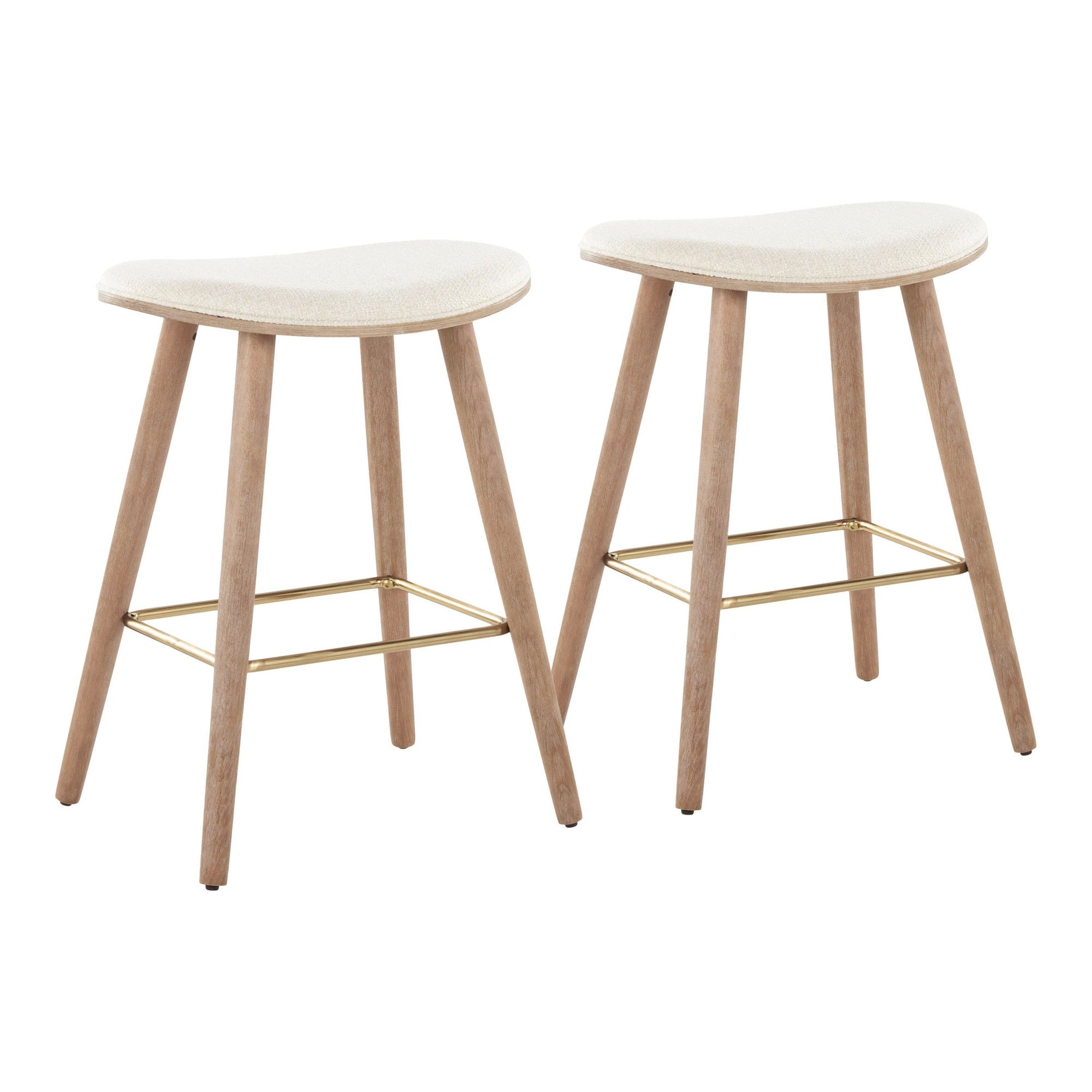 Saddle 26" Fixed-Height Counter Stool - Set of 2 - Whitewashed Wood, Gold Metal, Cream Fabric