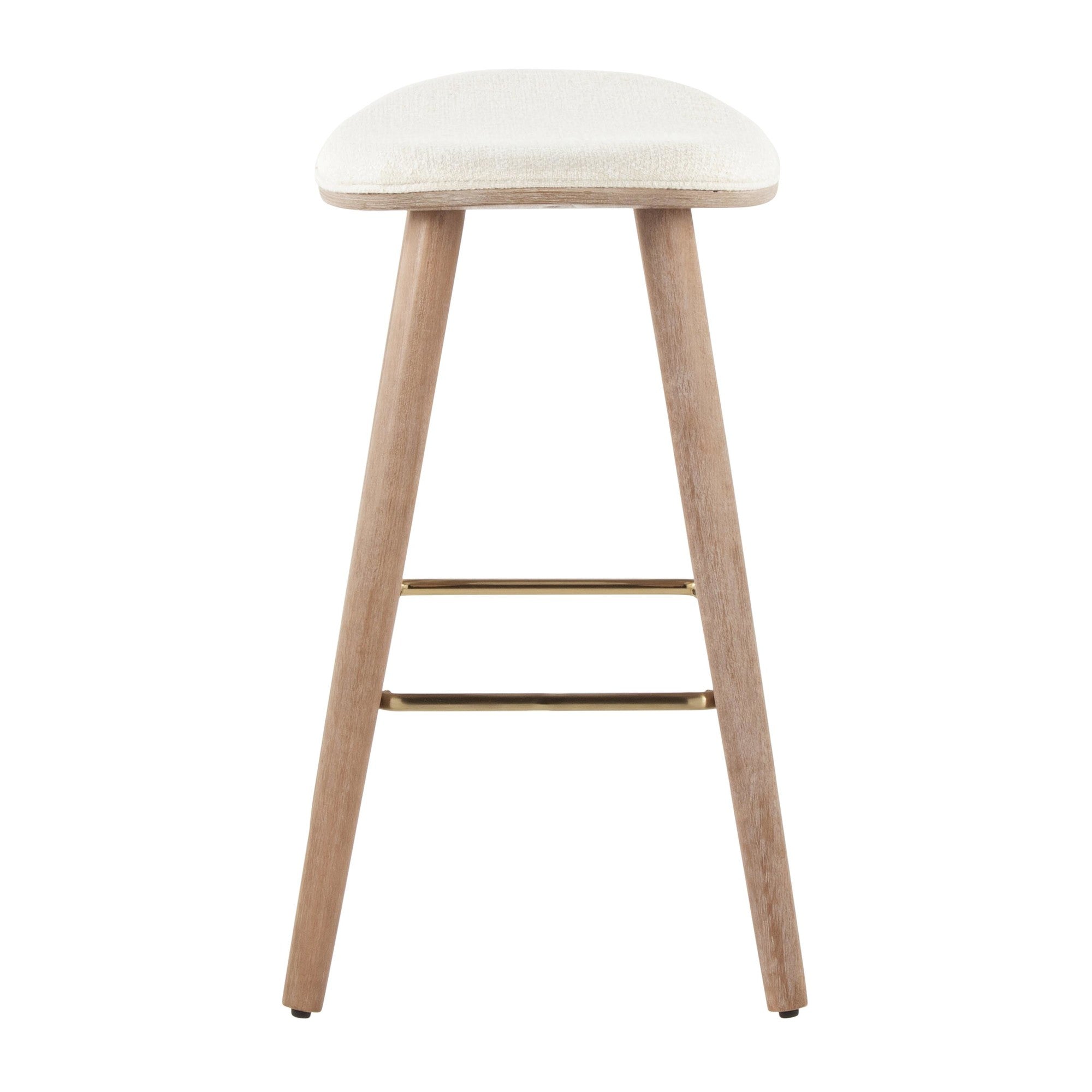 Saddle 26" Fixed-Height Counter Stool - Set of 2 - Whitewashed Wood, Gold Metal, Cream Fabric
