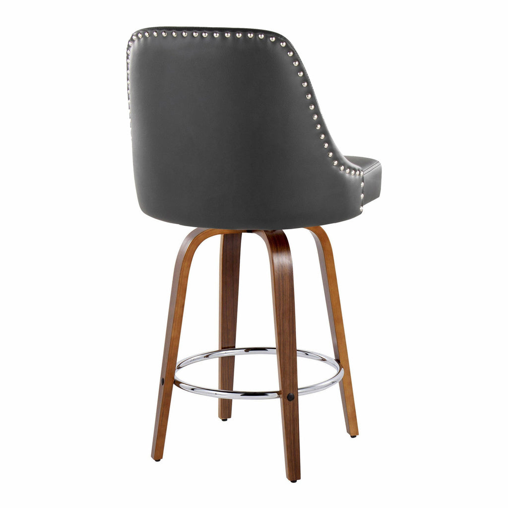 Studded Marcel 26" Fixed-Height Counter Stool - Set of 2 - Walnut Wood, Black PU, Chrome Metal