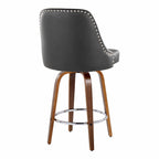 Studded Marcel 26" Fixed-Height Counter Stool - Set of 2 - Walnut Wood, Black PU, Chrome Metal