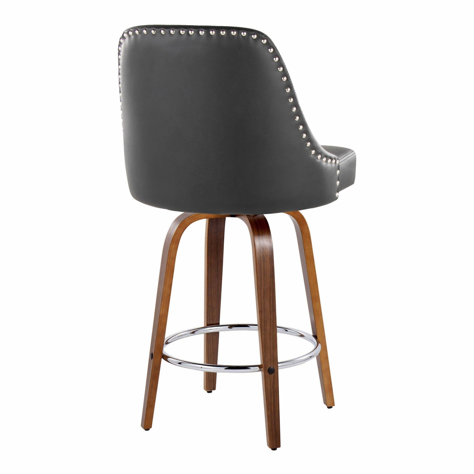 Studded Marcel 26" Fixed-Height Counter Stool - Set of 2 - Walnut Wood, Black PU, Chrome Metal