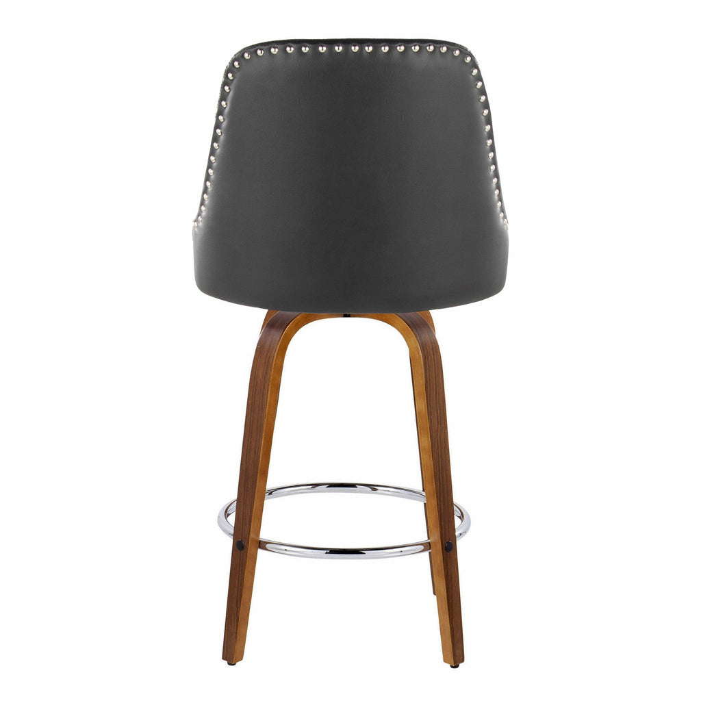 Studded Marcel 26" Fixed-Height Counter Stool - Set of 2 - Walnut Wood, Black PU, Chrome Metal
