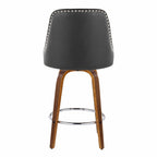 Studded Marcel 26" Fixed-Height Counter Stool - Set of 2 - Walnut Wood, Black PU, Chrome Metal