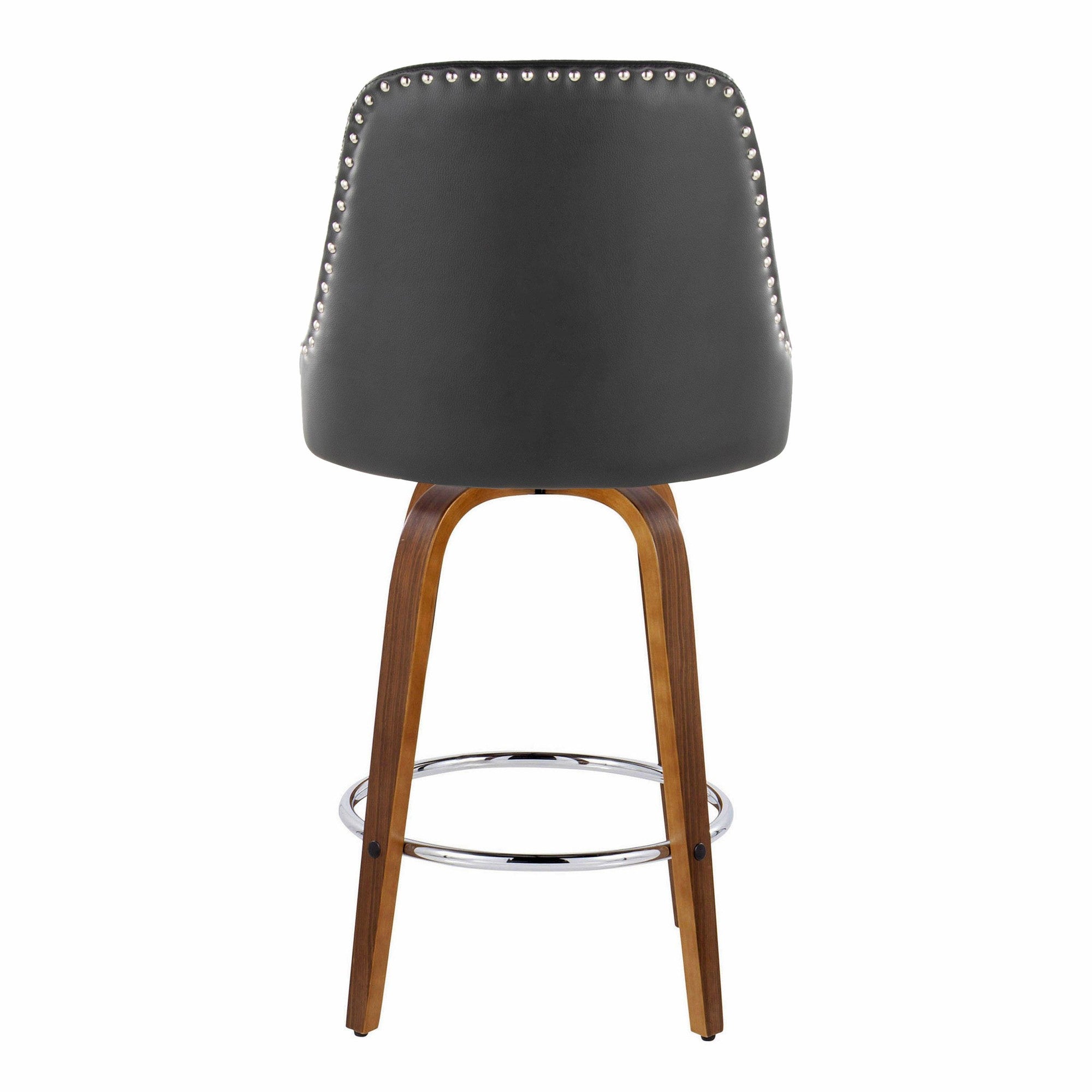 Studded Marcel 26" Fixed-Height Counter Stool - Set of 2 - Walnut Wood, Black PU, Chrome Metal