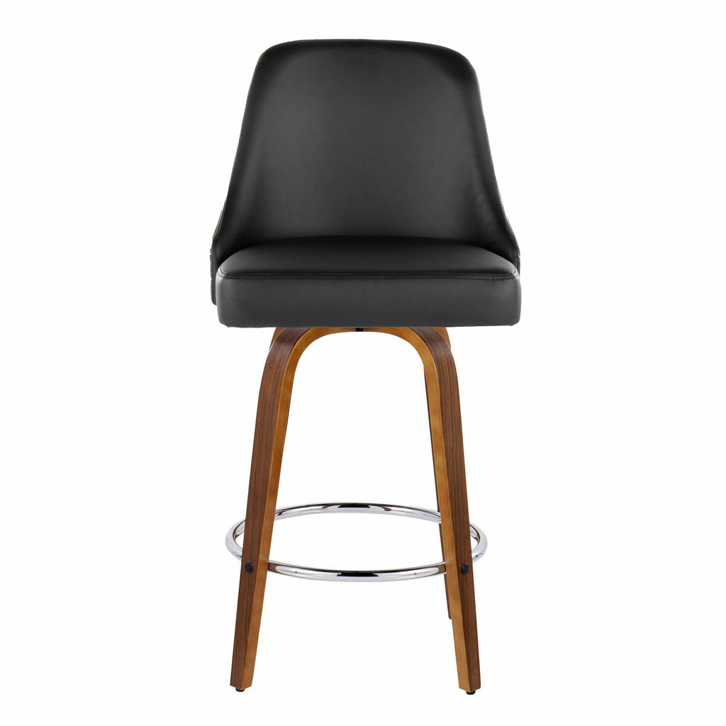 Studded Marcel 26" Fixed-Height Counter Stool - Set of 2 - Walnut Wood, Black PU, Chrome Metal