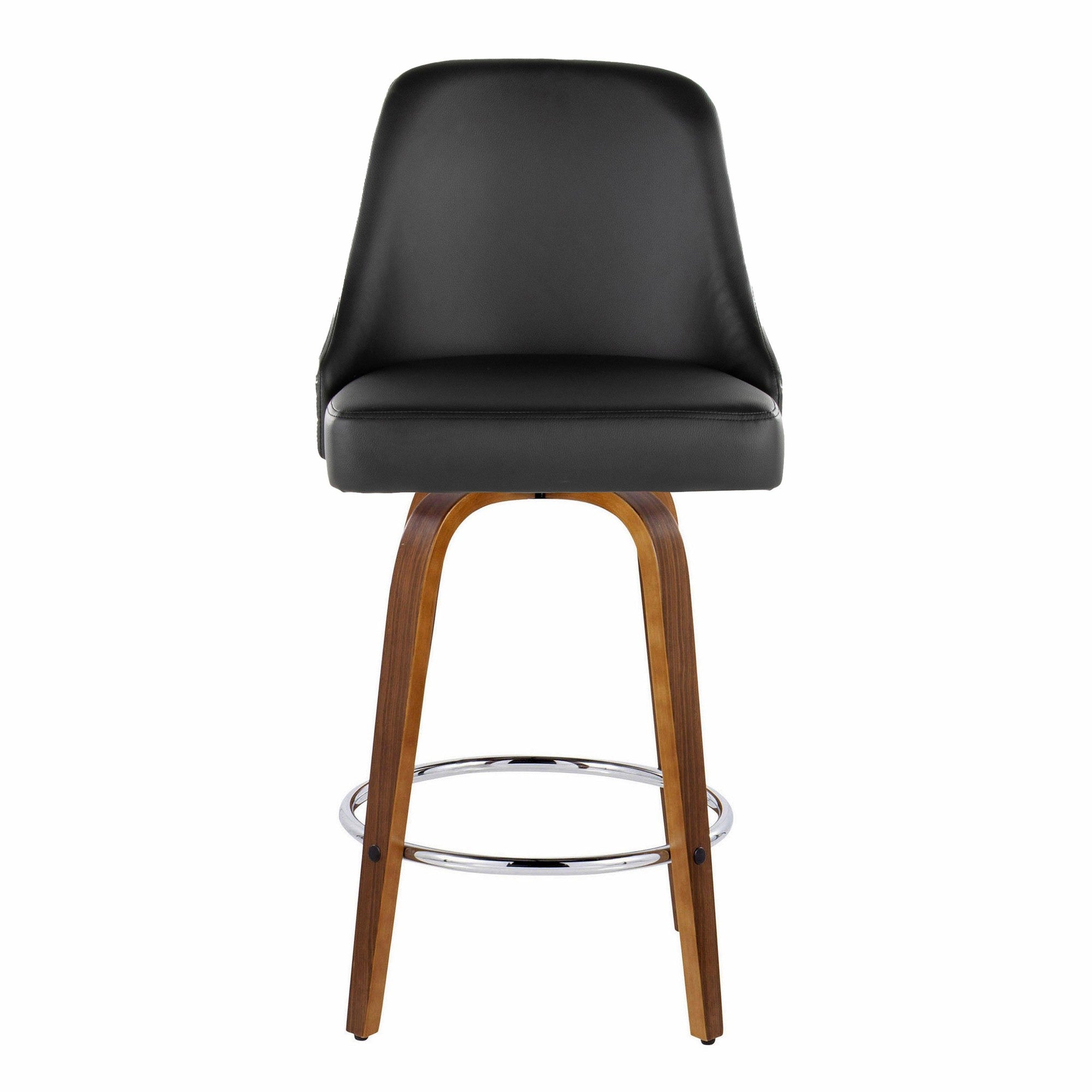 Studded Marcel 26" Fixed-Height Counter Stool - Set of 2 - Walnut Wood, Black PU, Chrome Metal