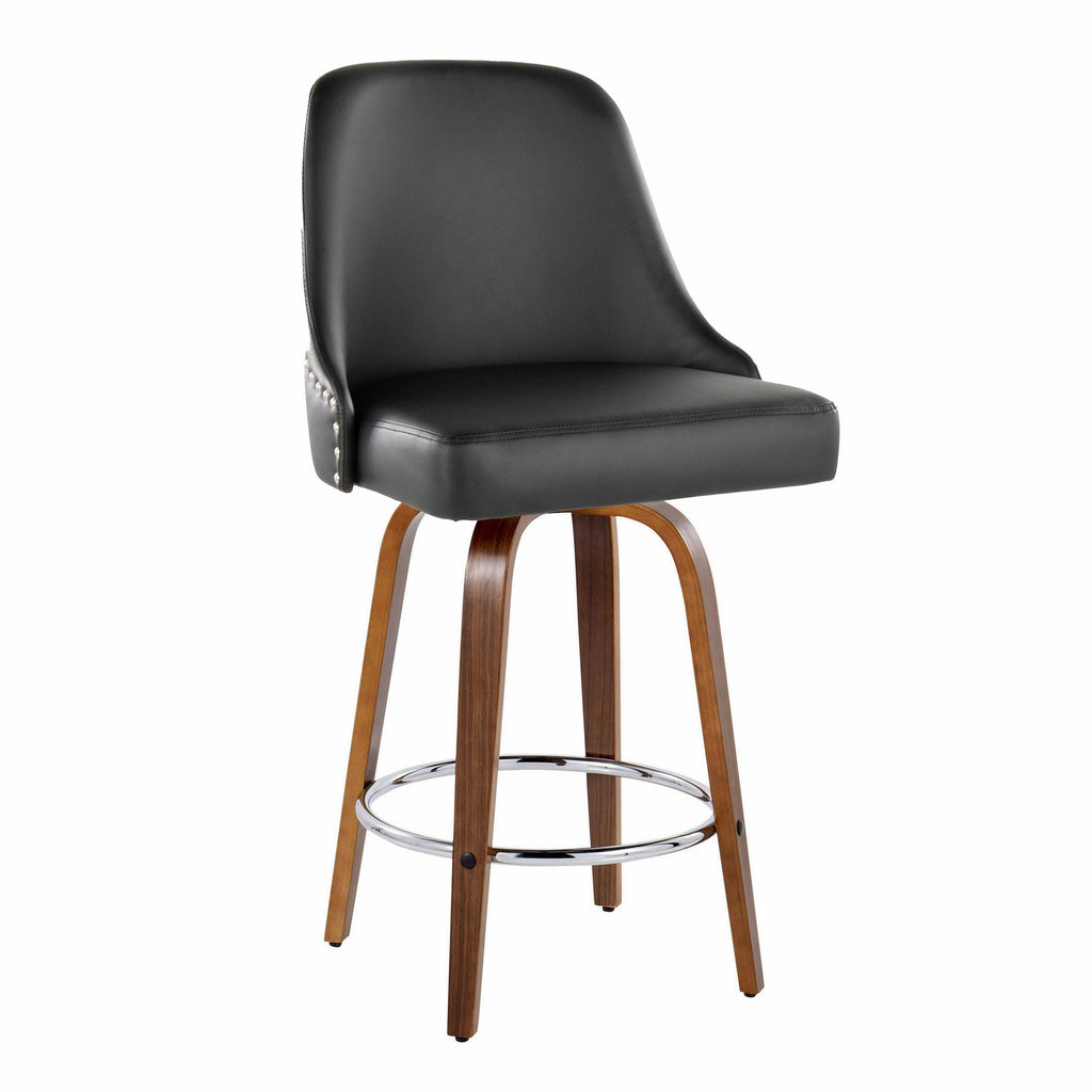 Studded Marcel 26" Fixed-Height Counter Stool - Set of 2 - Walnut Wood, Black PU, Chrome Metal